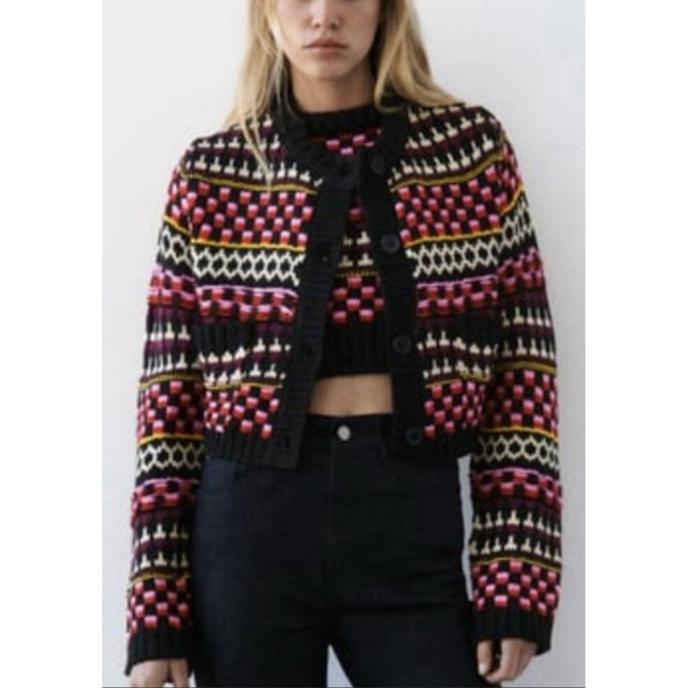 ZARA Womens Cropped Chunky Knit‎ Cherry Cardigan Sweater Cottage Coquette Sz XS
